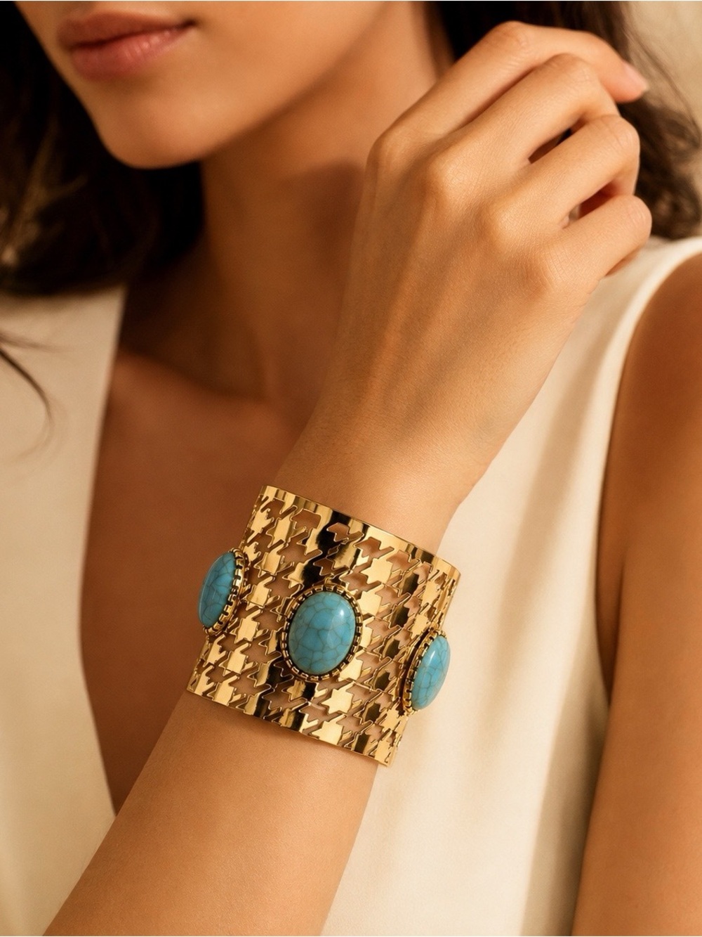 Gold-Tone Houndstooth Wide Cuff Bracelet with Turquoise-Colored Accents